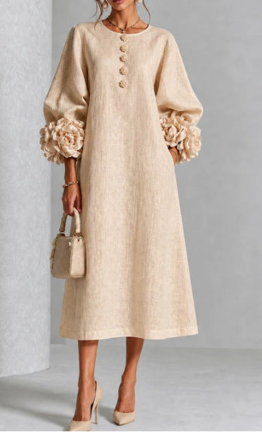 IVY | Vestido midi floral con mangas de puño de rosa