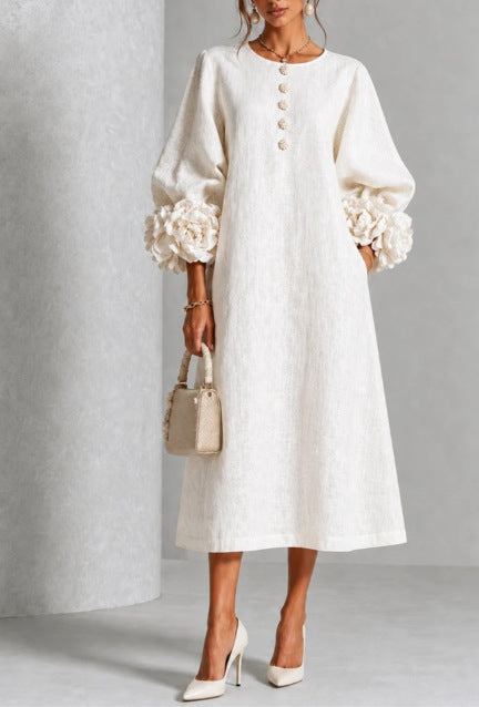 IVY | Vestido midi floral con mangas de puño de rosa