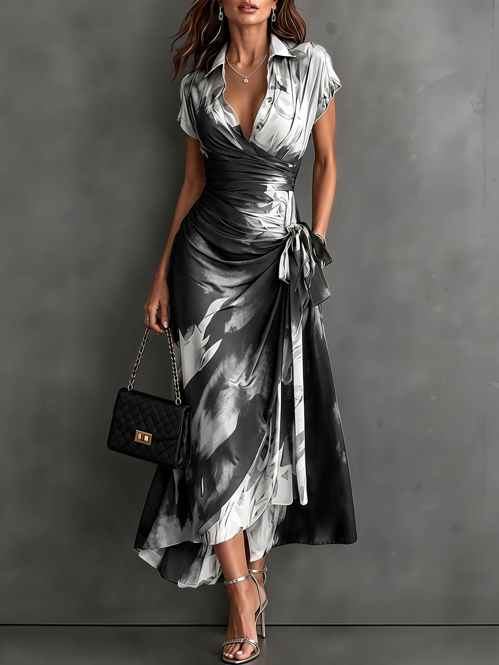 Maude | Vestido Midi Envolvente con Estampado Abstracto y Volantes