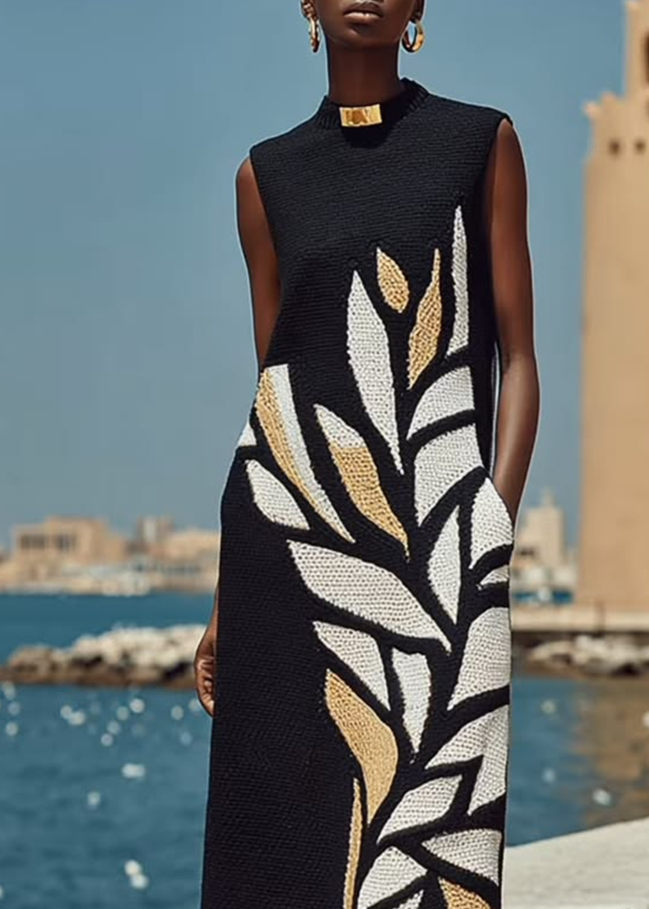 Sabine | Vestido Midi Negro Sin Mangas con Estampado de Hojas