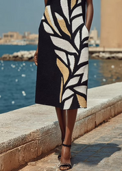 Sabine | Vestido Midi Negro Sin Mangas con Estampado de Hojas