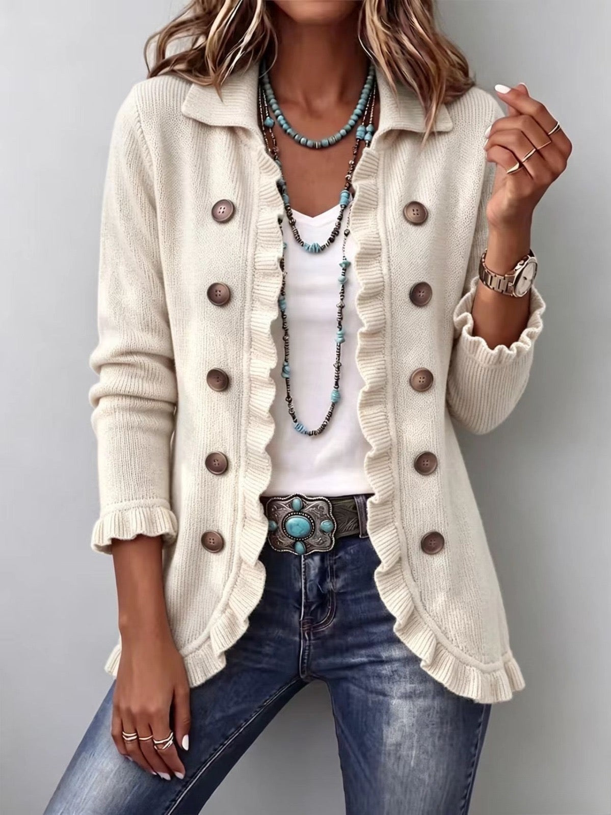 Mari Carmen | Chaqueta de Punto Marfil con Volantes
