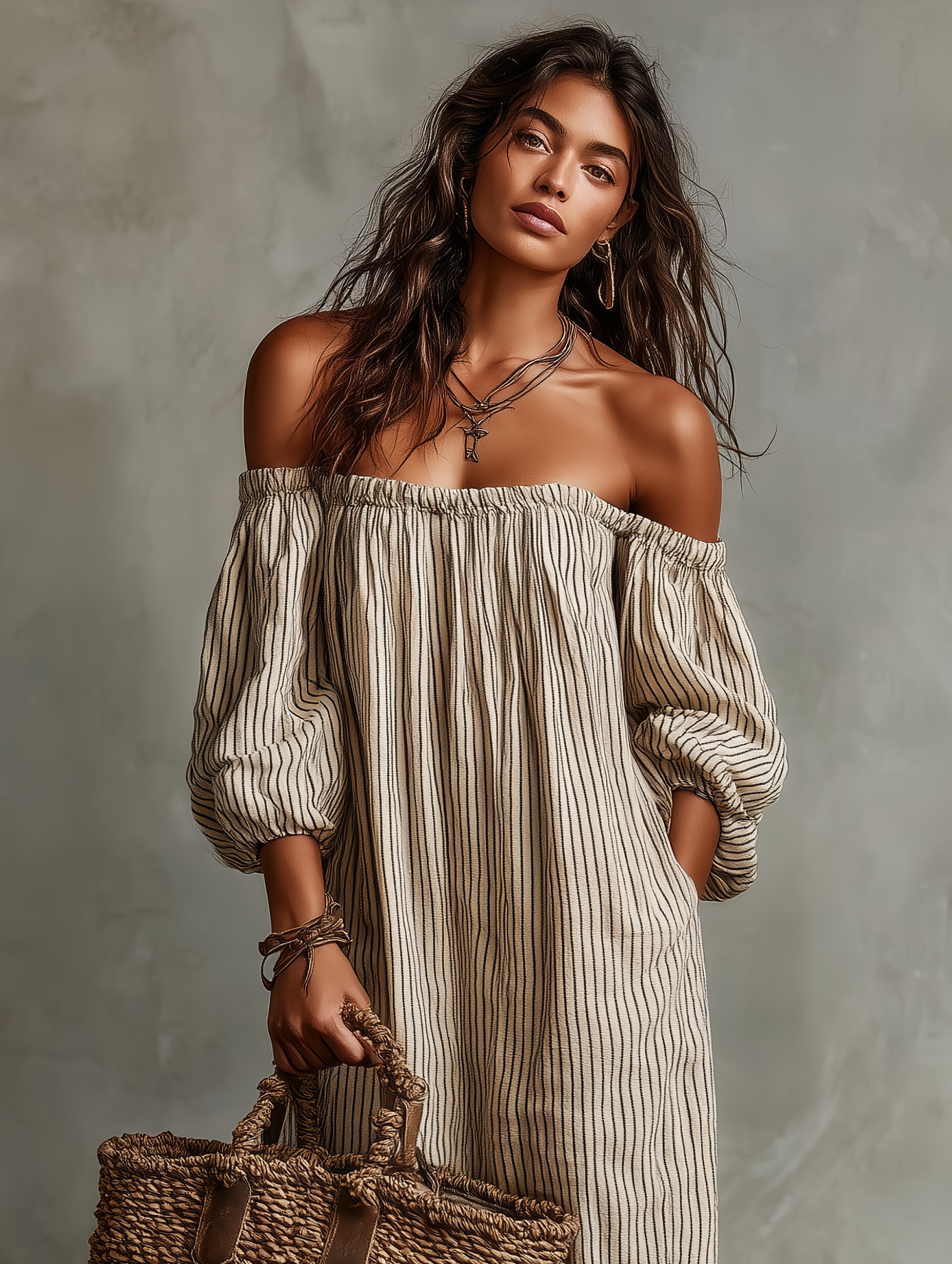 Madalena | Vestido Largo de Algodón y Lino con Hombros Descubiertos