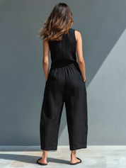 Mono de Lino para Mujer – Holgado, Sin Mangas, con Botones y Cuello Alto