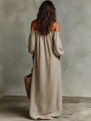 Madalena | Vestido Largo de Algodón y Lino con Hombros Descubiertos