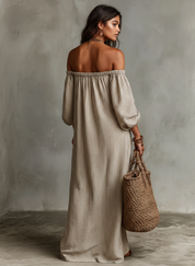 Madalena | Vestido Largo de Algodón y Lino con Hombros Descubiertos