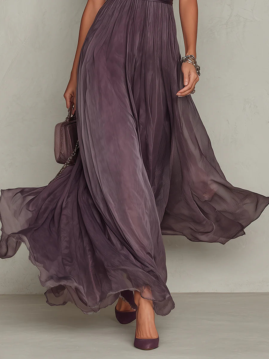 Flavia – Vestido Largo de Chifón con Escote Cruzado y Encaje
