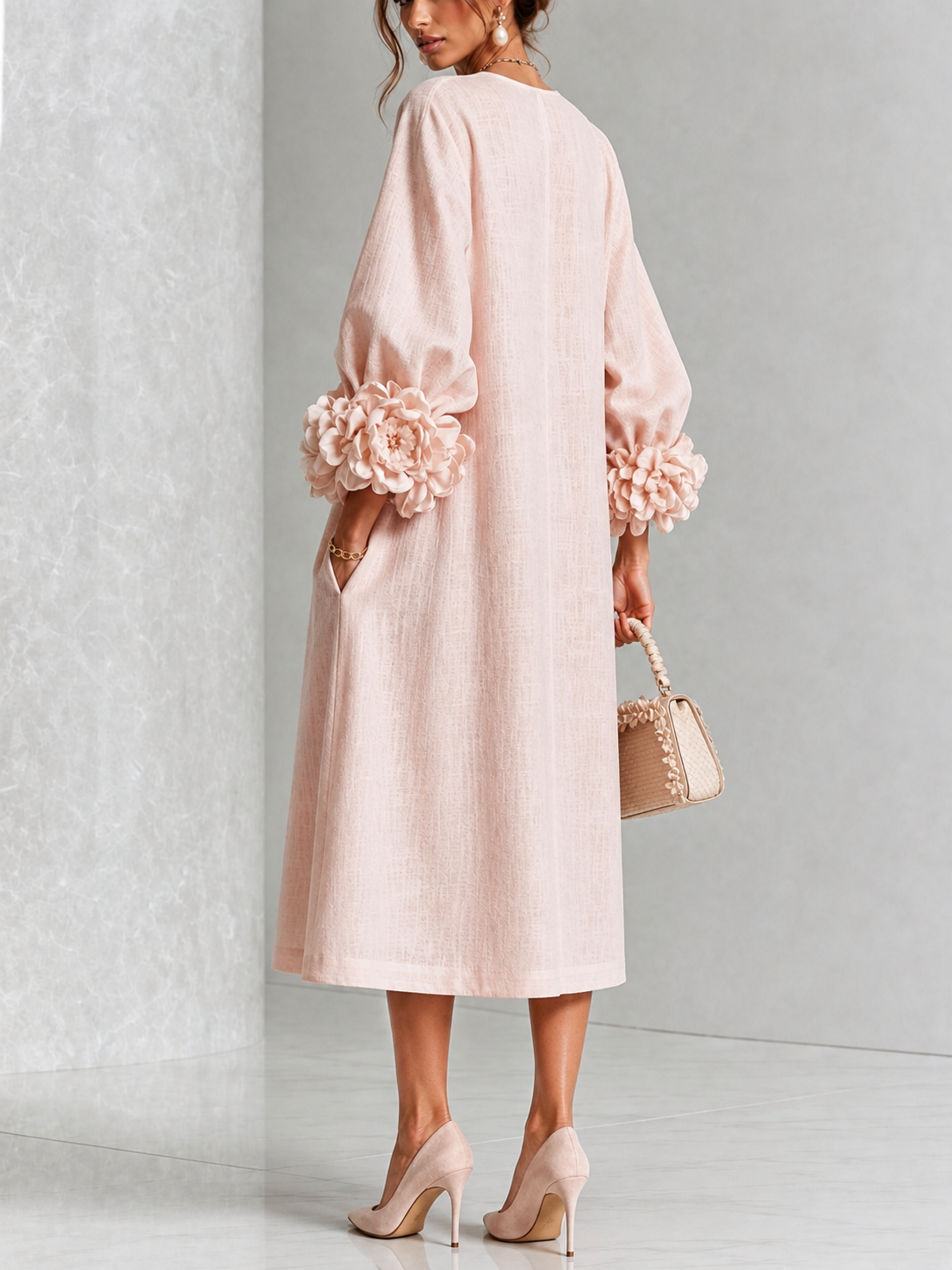 Capucine | Vestido Midi con Botones de Flor y Mangas Abullonadas