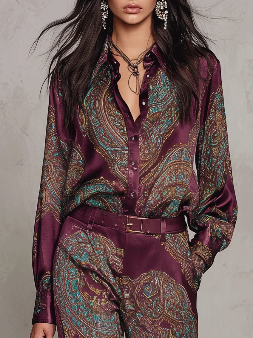 Joséphine | Conjunto de Camisa y Pantalón Ancho de Satén con Estampado Paisley