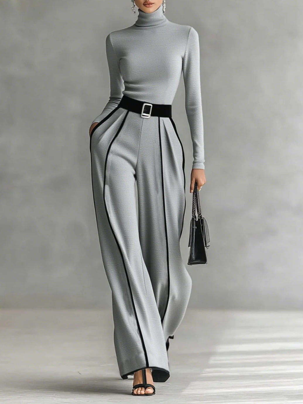 Adèle | Conjunto de Cuello Alto con Ribetes Blancos y Pantalón Ancho
