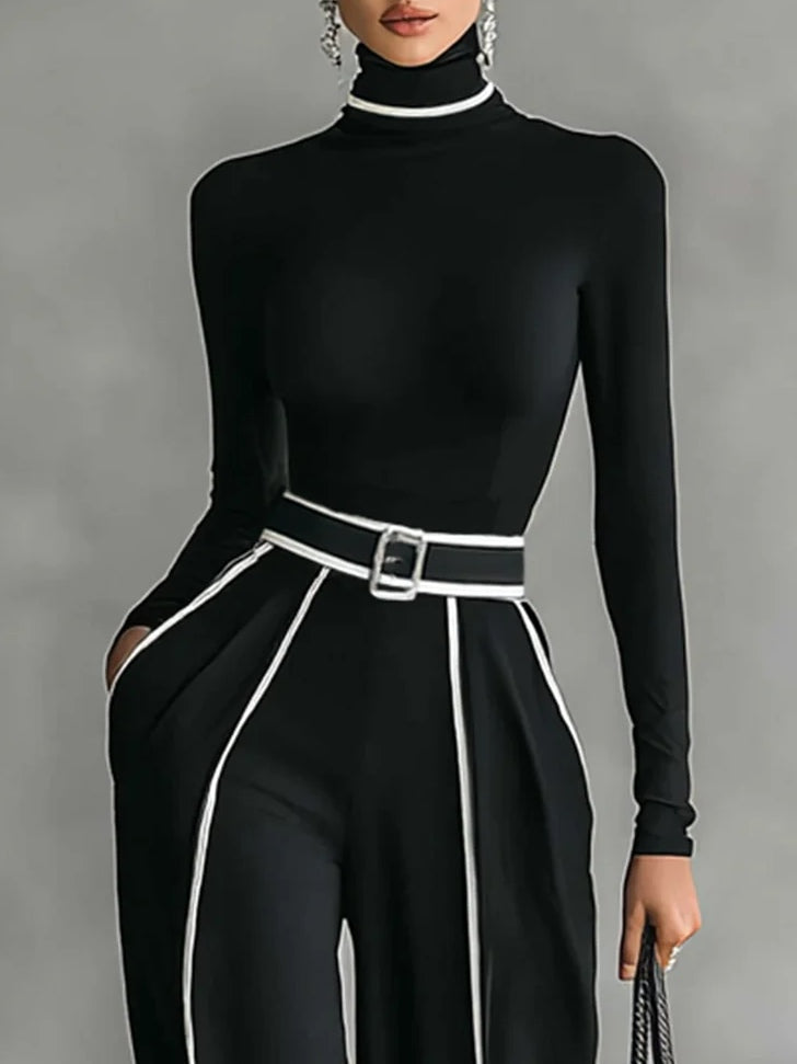 Adèle | Conjunto de Cuello Alto con Ribetes Blancos y Pantalón Ancho