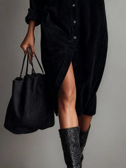 Béatrice | Vestido Midi de Terciopelo Acanalado con Bolsillos y Botonadura Simple