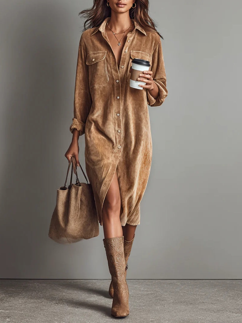 Béatrice | Vestido Midi de Terciopelo Acanalado con Bolsillos y Botonadura Simple