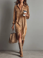 Béatrice | Vestido Midi de Terciopelo Acanalado con Bolsillos y Botonadura Simple