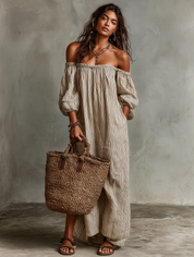 Madalena | Vestido Largo de Algodón y Lino con Hombros Descubiertos