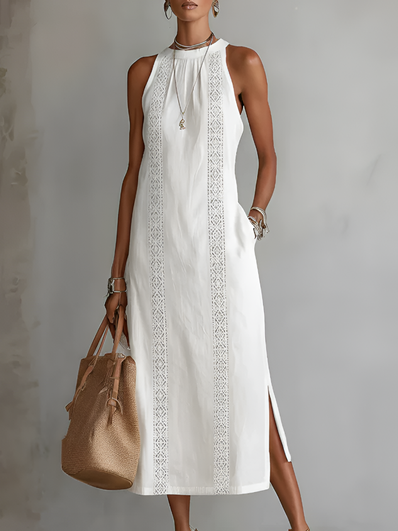 Leonor | Vestido Midi de Lino con Cuello Mao