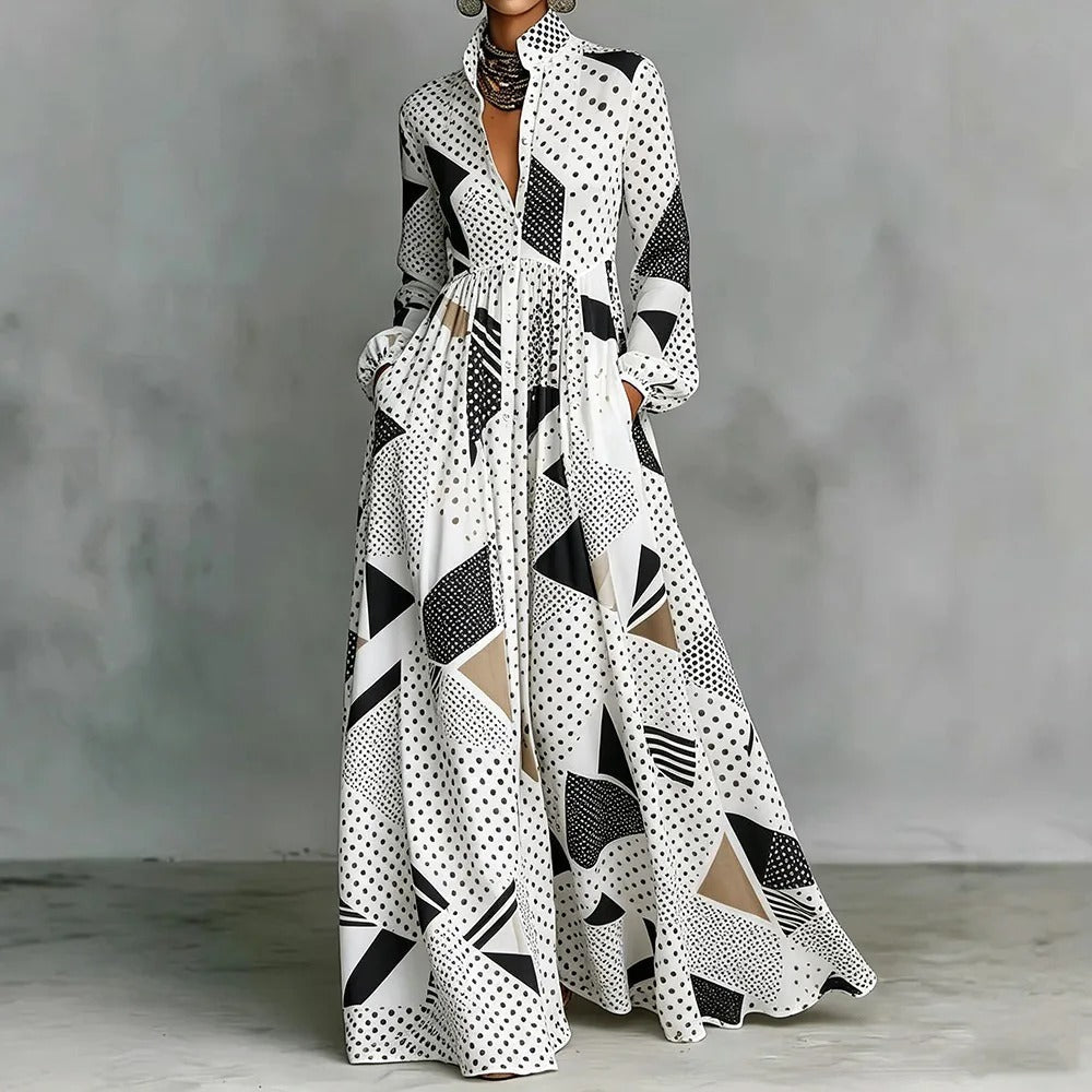 Isabel | Vestido Maxi Camisero con Estampado Geométrico y Falda Amplia