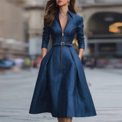 Isabel | Vestido Midi Vaquero con Cremallera Frontal y Falda Amplia