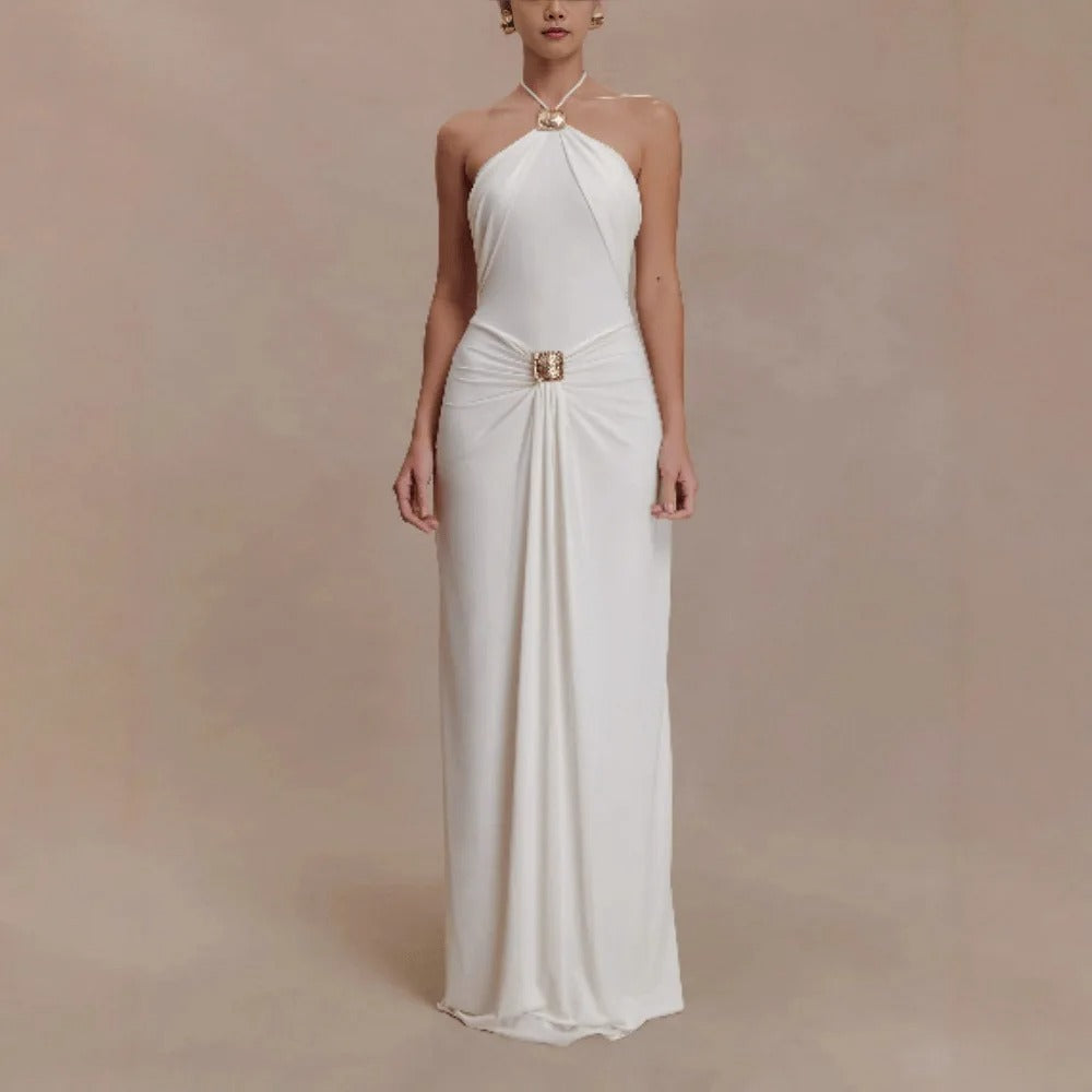 Sofía | Vestido Maxi Bandeau con Drapeado y Detalle Dorado