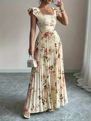 Carmen | Vestido Maxi Floral con Manga Mariposa, Escote Cuadrado y Falda Plisada