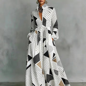 Isabel | Vestido Maxi Camisero con Estampado Geométrico y Falda Amplia