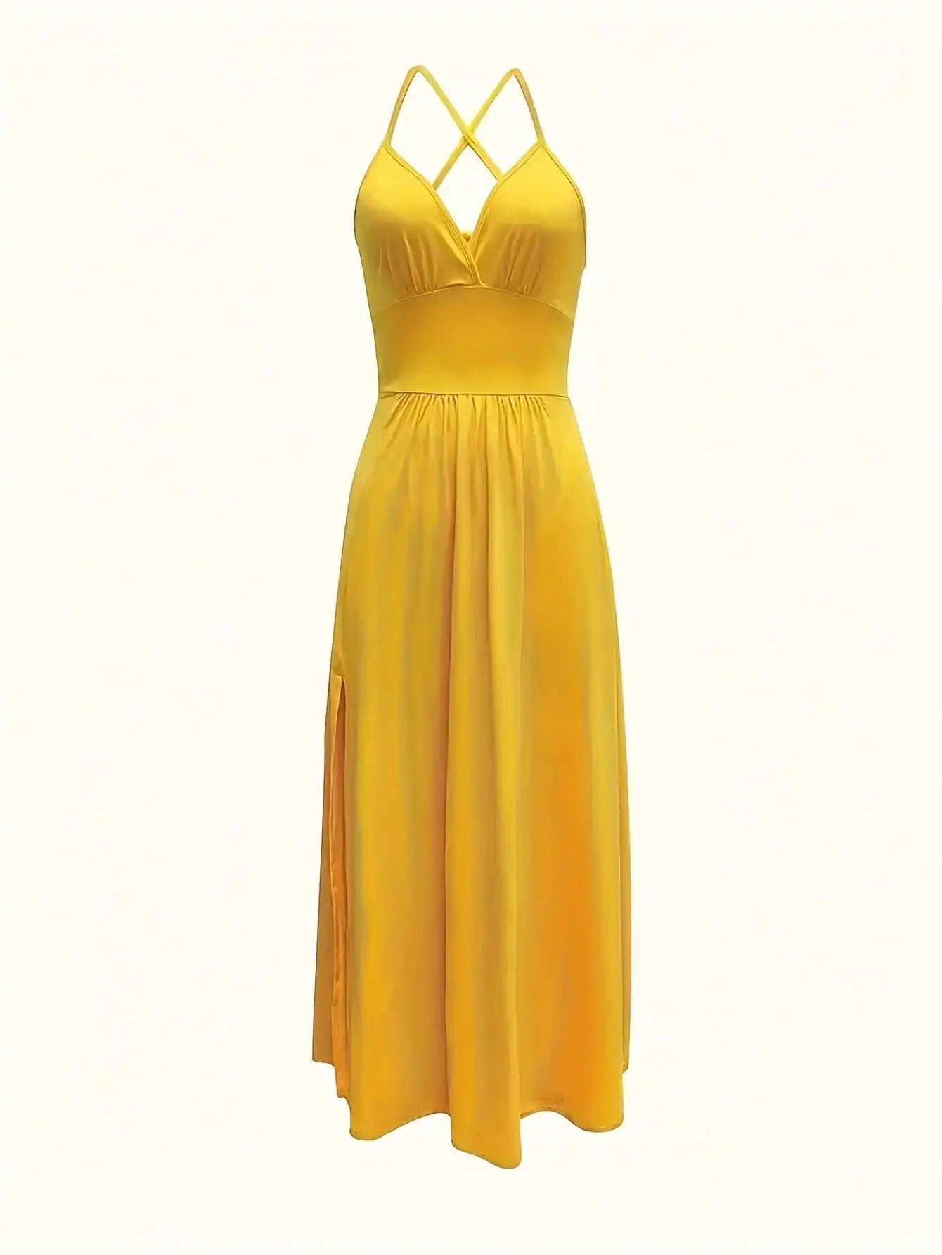 Elena | Vestido Maxi de Tirantes en Amarillo con Escote en V y Abertura Lateral