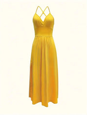 Elena | Vestido Maxi de Tirantes en Amarillo con Escote en V y Abertura Lateral