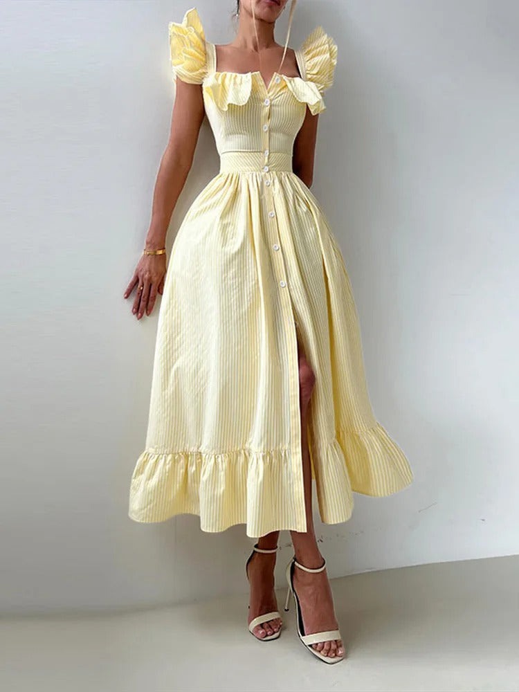 Lucía | Vestido Midi Camisero con Rayas y Mangas Mariposa