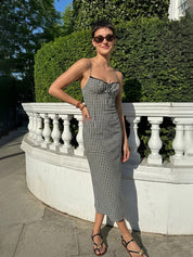 Nerea | Vestido Midi de Tirantes con Estampado Vichy y Escote Fruncido