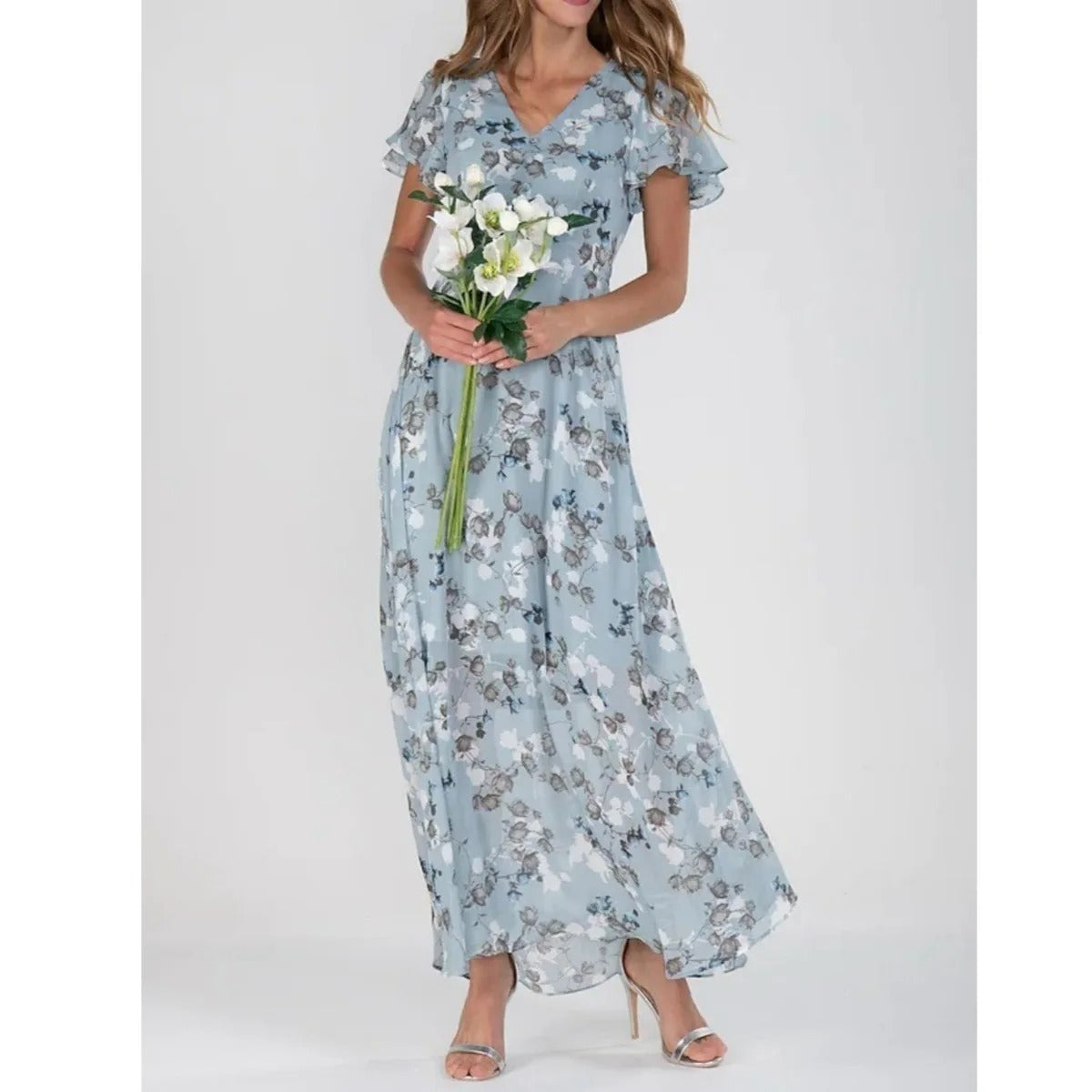Nerea | Vestido Maxi Cruzado de Gasa con Estampado Floral y Manga con Volante