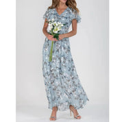 Nerea | Vestido Maxi Cruzado de Gasa con Estampado Floral y Manga con Volante