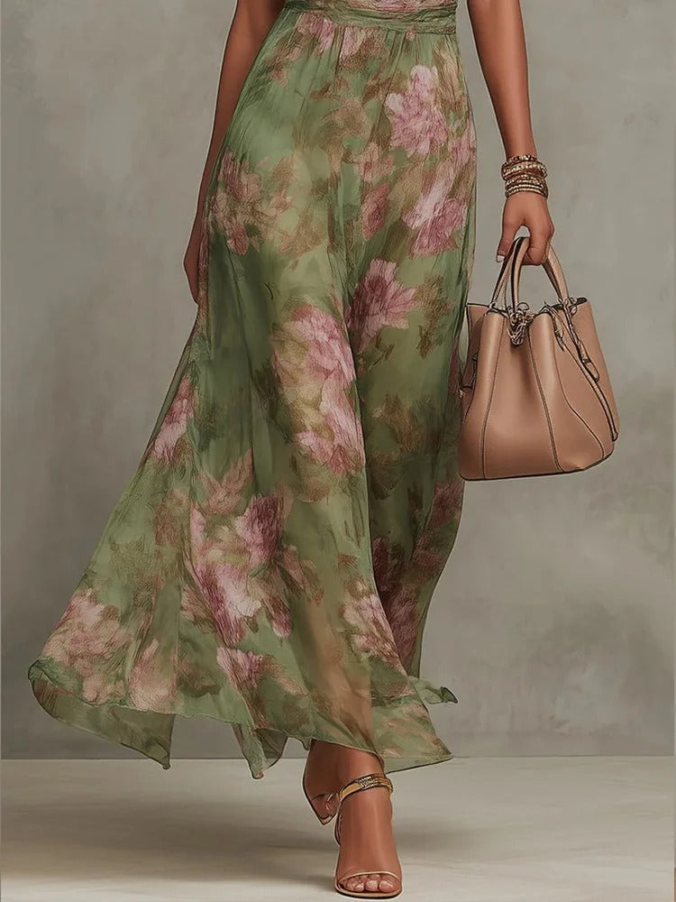 Isabel | Vestido Maxi Floral en Chiffon con Escote Halter Drapeado y Cintura Definida