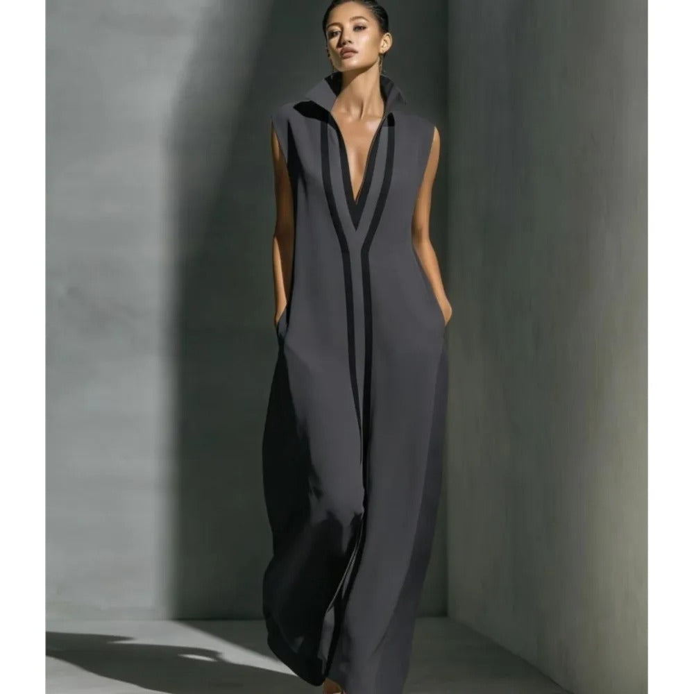 Isabel | Vestido Maxi Sin Mangas con Escote V Profundo y Detalle Central