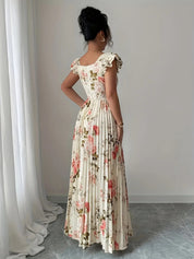 Carmen | Vestido Maxi Floral con Manga Mariposa, Escote Cuadrado y Falda Plisada