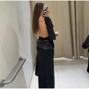 Carmen | Vestido Maxi Negro con Manga Murciélago y Cinturón con Lentejuelas