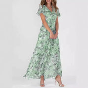 Nerea | Vestido Maxi Cruzado de Gasa con Estampado Floral y Manga con Volante