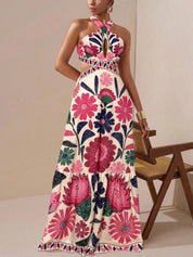 Isabel | Vestido Maxi Halter con Estampado Floral Folk y Cut-Out en la Cintura