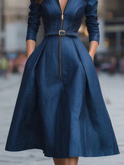 Isabel | Vestido Midi Vaquero con Cremallera Frontal y Falda Amplia