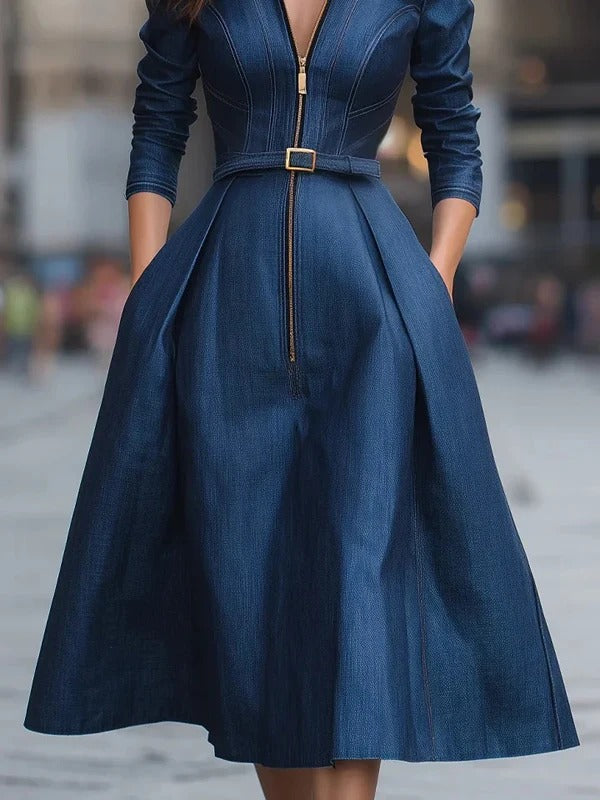 Isabel | Vestido Midi Vaquero con Cremallera Frontal y Falda Amplia
