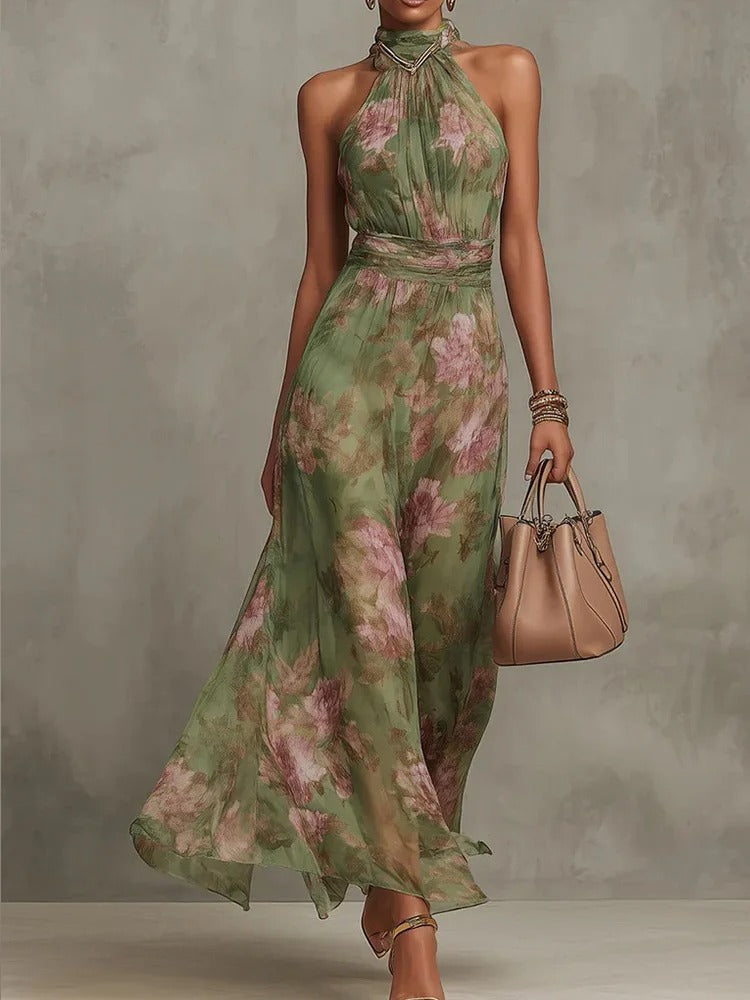 Isabel | Vestido Maxi Floral en Chiffon con Escote Halter Drapeado y Cintura Definida