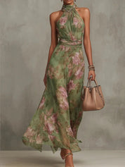 Isabel | Vestido Maxi Floral en Chiffon con Escote Halter Drapeado y Cintura Definida