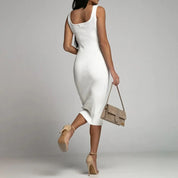 Elena | Vestido Midi Ajustado en Tejido Acanalado con Escote Recto