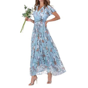 Nerea | Vestido Maxi Cruzado de Gasa con Estampado Floral y Manga con Volante