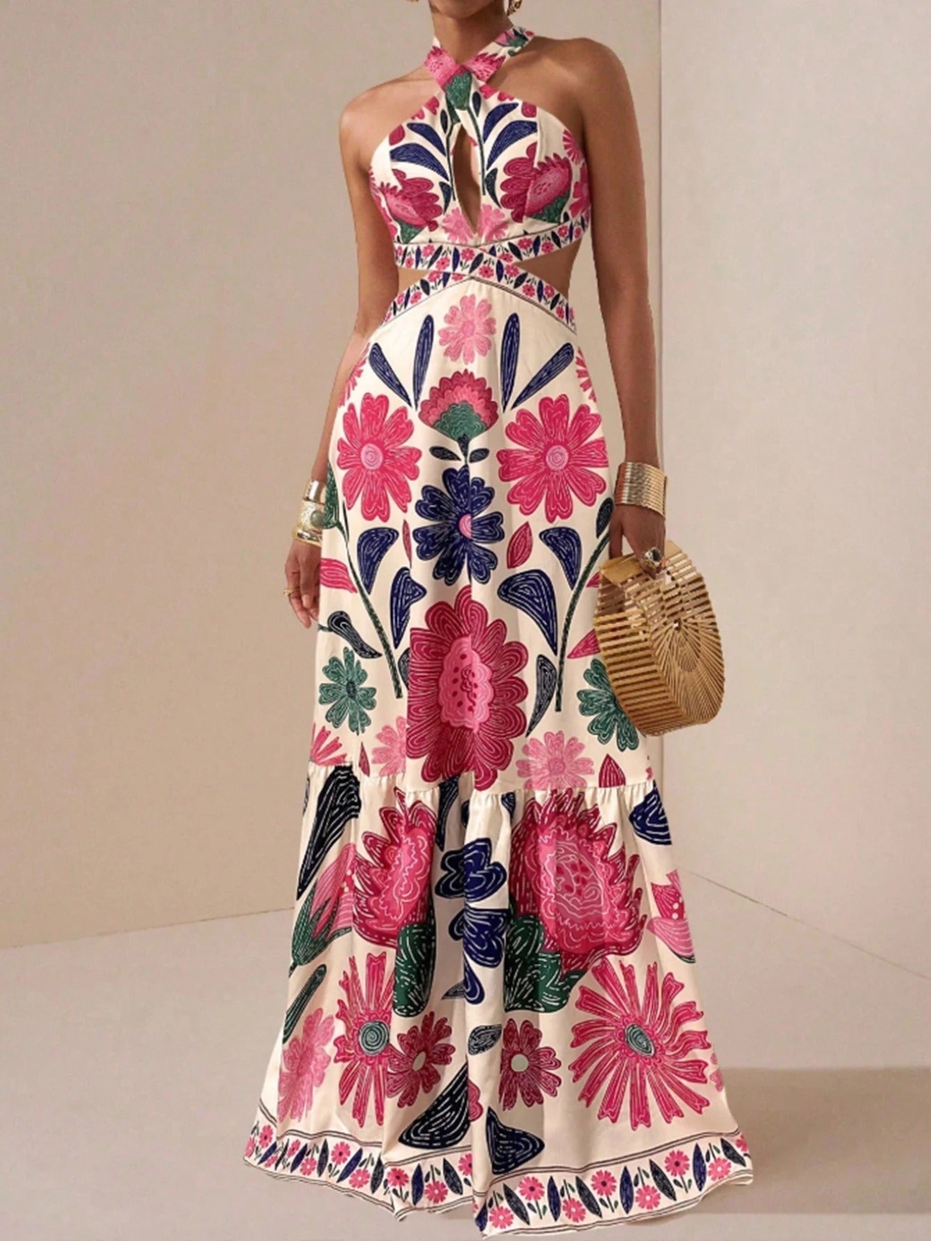 Isabel | Vestido Maxi Halter con Estampado Floral Folk y Cut-Out en la Cintura