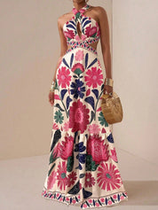 Isabel | Vestido Maxi Halter con Estampado Floral Folk y Cut-Out en la Cintura
