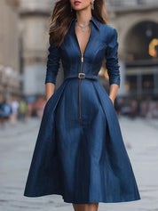 Isabel | Vestido Midi Vaquero con Cremallera Frontal y Falda Amplia