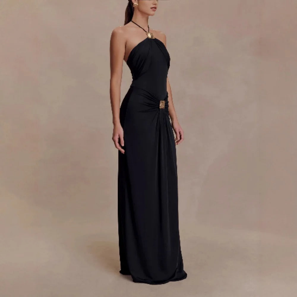 Sofía | Vestido Maxi Bandeau con Drapeado y Detalle Dorado