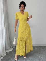 Isabel | Vestido Maxi en Bordado Inglés con Manga Puff y Escote en V