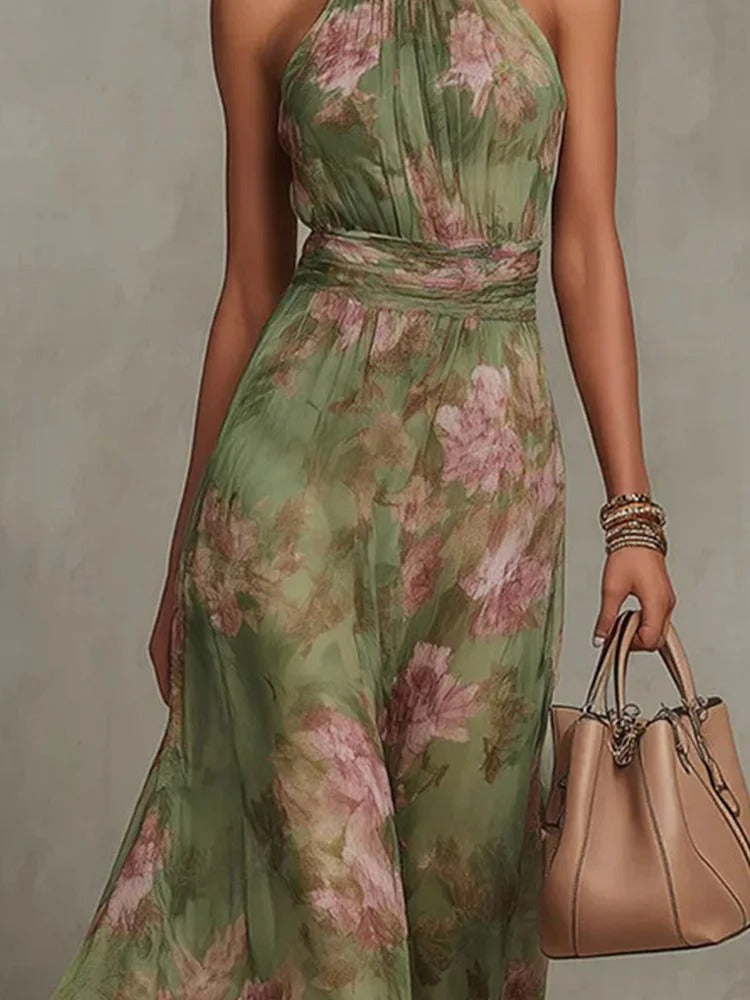 Isabel | Vestido Maxi Floral en Chiffon con Escote Halter Drapeado y Cintura Definida