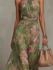 Isabel | Vestido Maxi Floral en Chiffon con Escote Halter Drapeado y Cintura Definida